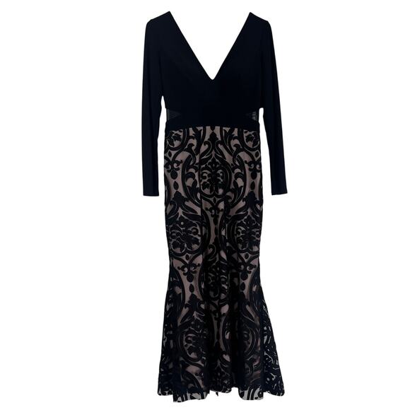 Xscape Black Flocked Mesh Mermaid Gown Long Sleeve Formal Dress 8 - Picture 2 of 9